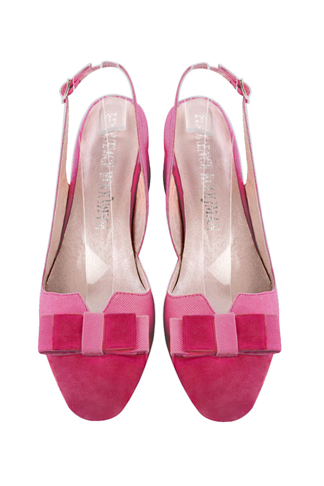 Women's fuchsia pink and hot pink elegant slingback heels, with a bow on the front. Round toe. Low flare heels - Top view